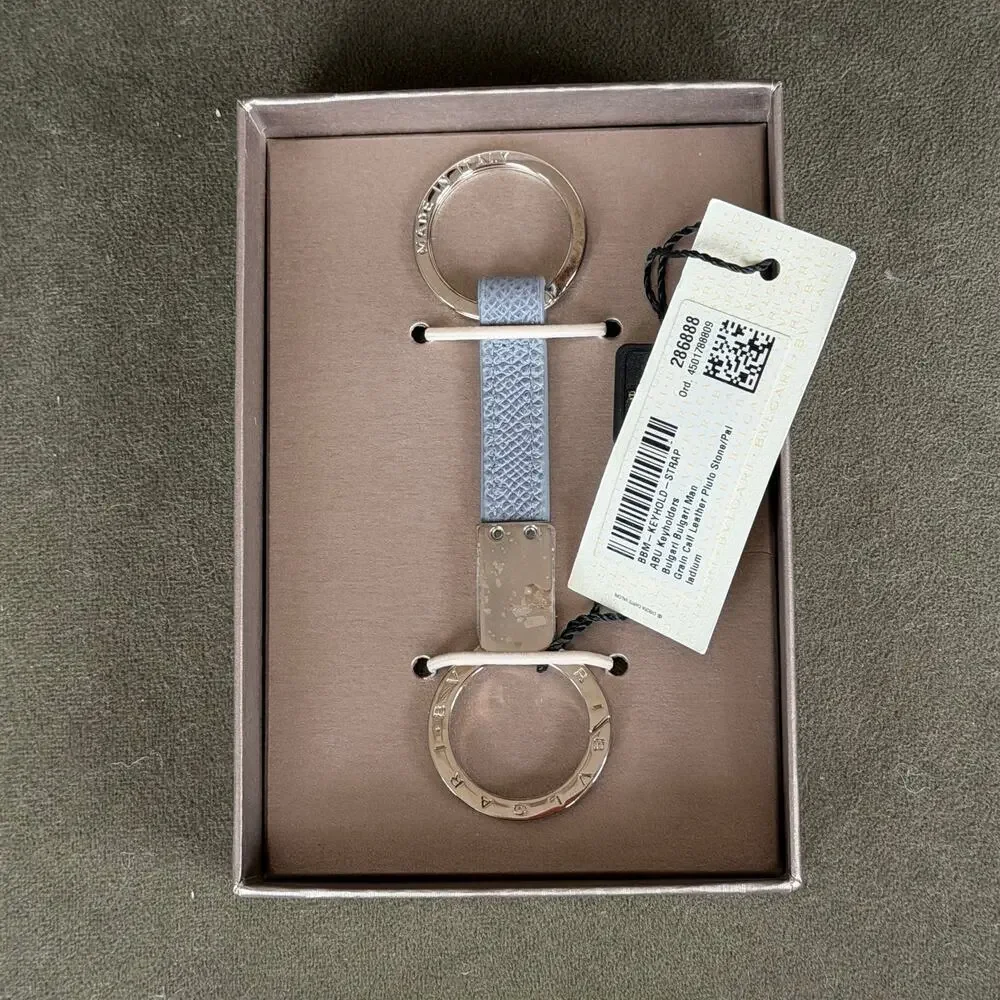 BVLGARI Bulgari Timeless Gray Calf Leather Silver Keychain Keyhold Strap Gift